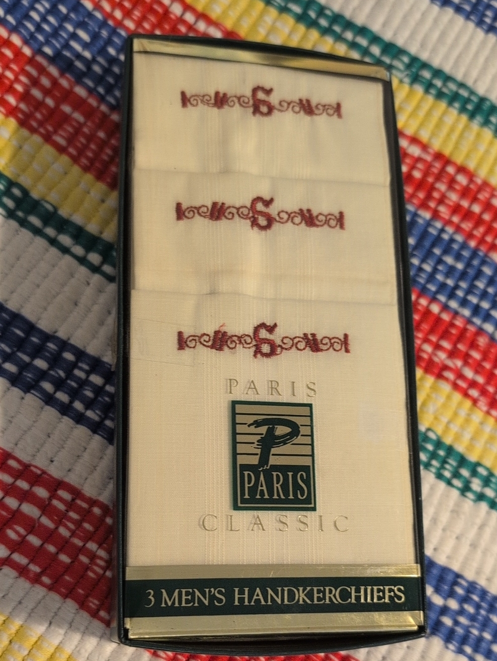 Paris Vintage‎ "S" Embroidered Men's Handkerchiefs Set Of 3 NIP